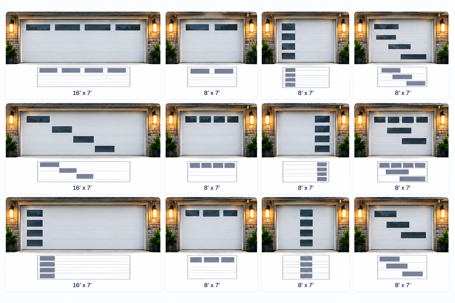 Garage door window design options in 16 by 7 and 8 by 7 sizes