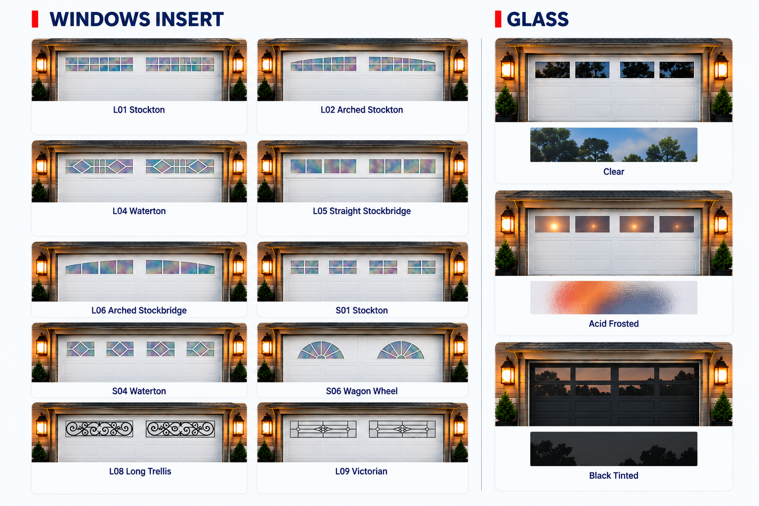 Garage door window insert and glass options including Clear, Acid Frosted and Black Tinted